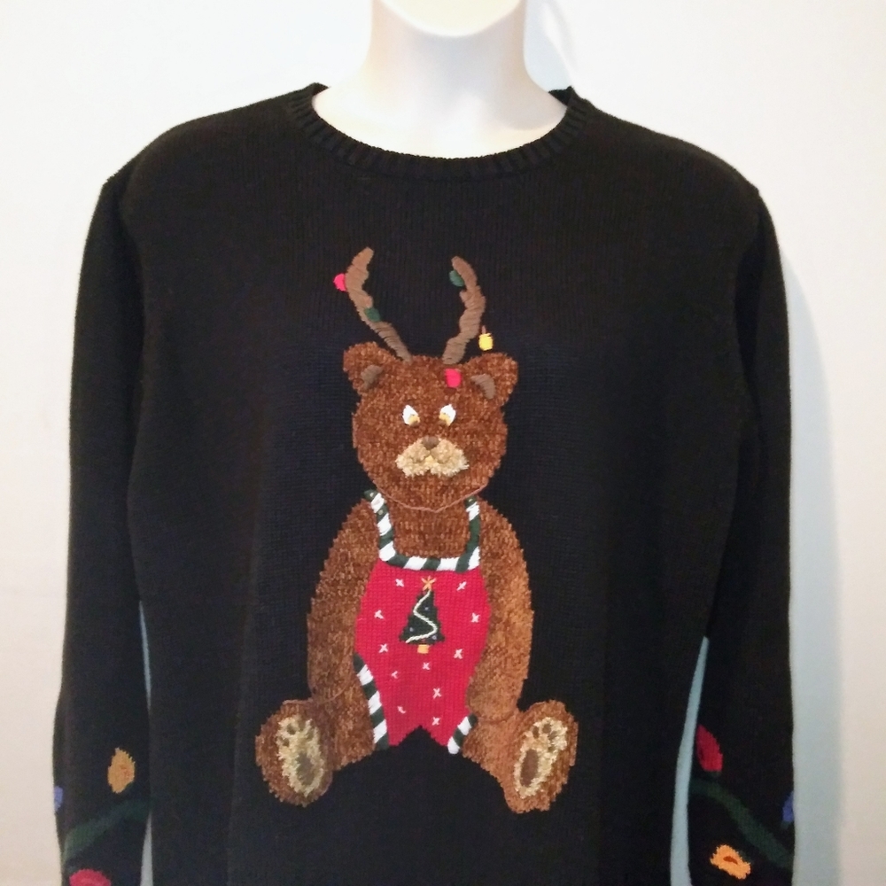 Quacker Factory Black/Multi Reindeer Teddy Bear & Christmas Lights Tunic Sweater - Picture 2 of 12